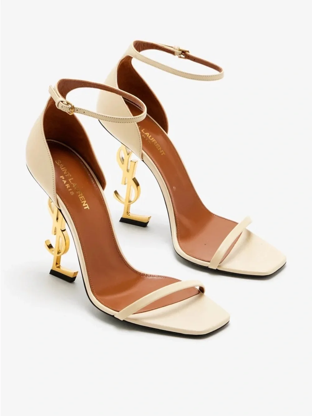 Saint Laurent Cream Leather Ankle-Strap Heels with Gold Logo Heel - Picture 5 of 6